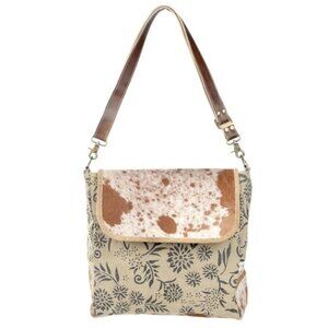 Ivory Floral Shoulder Bag with Brown & White Cowhide Detail